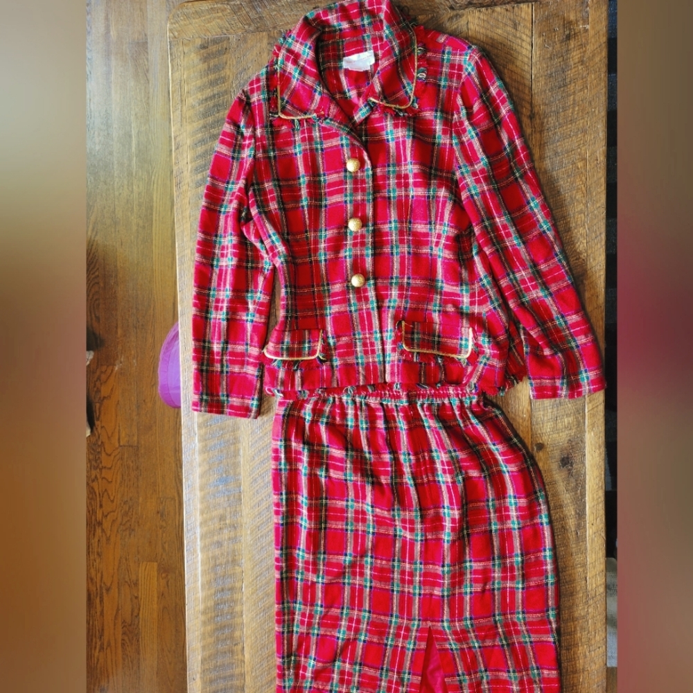 80’s Red Plaid Blazer and Skirt Suit Set by David Warren